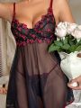 SHEIN Women's Sexy Floral Embroidery Lace Mesh Lingerie Set