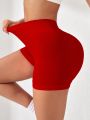 Yoga Basic Solid Wideband Waist Sports Shorts