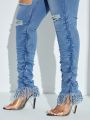 SHEIN SXY Plus Size Ripped Ruched Jeans With Fringed Hem