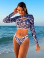 SHEIN Swim SPRTY Full Printed Long Sleeve Two Piece Swimsuit