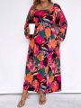 SHEIN LUNE Plus Size Full-length Floral Print Lantern Sleeve Vacation Style Dress