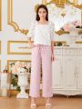 Teen Girls' 3d Floral Top And Solid Color Long Pants Two-Piece Outfit