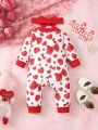 2pcs Baby Girls' Spring/Autumn Heart & Bowknot Printed Ruffle Collar Long Sleeve Jumpsuit With Headband