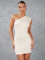 SHEIN BAE Ladies' Solid Color Knitted One-Shoulder Irregular Hem Bodycon Dress For A Summer Stroll