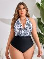 SHEIN Swim Vcay Plus Size Tropical Print Backless Halter One Piece Swimsuit