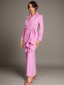 SHEIN BAE Valentine's Day Pink Twill Ruffled Belted Waist Gathered Pleated Long-Sleeved Blazer