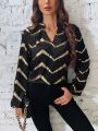 SHEIN LUNE Women's Notched Collar Lantern Sleeve Shirt With Chevron Print