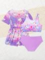 Baby Unicorn Print Bikini Swimsuit With Kimono