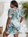 SHEIN Swim Classy Plus Size Women's Short Sleeve Kimono With Plant Print