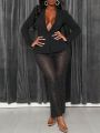 SHEIN Slayr Lapel One Button Blazer Jacket & Rhinestone Net Yarn Long Pants Set