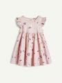 Cozy Cub Baby Girl Cartoon Little Rabbit Pattern Ruffled Round Neckline Empire Waist Dress Set