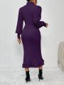 SHEIN Privé Turtleneck Lantern Sleeve Ruffle Hem Sweater Dress