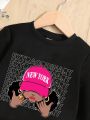 Baby Girls' Casual Cartoon Printed Long Sleeve Round Neck Sweatshirt, Suitable For Autumn & Winter