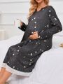 Maternity Star Printed Lace Patchwork V-Neck Nightgowns With Slit