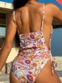 SHEIN Swim BohoFeel Women's One-Piece Swimsuit With Floral Print And Drawstring