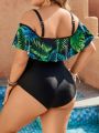 SHEIN Swim Classy Plus Size Tropical Printed Splicing Off Shoulder One Piece Swimsuit