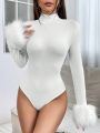 SHEIN PETITE Women's Solid Color High Neck Plush Cuffs Bodysuit