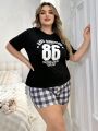 Plus Size Women's Letter Printed Short Sleeve Plaid Shorts Pajama Set