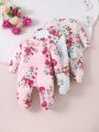 SHEIN 3pcs Baby Girls' Floral Print Footed Romper With Y-shaped Zipper