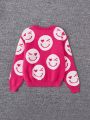 SHEIN Tween Girl Expression Pattern Drop Shoulder Sweater