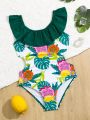 Little Girls' Fruit & Tree Leaves Printed One-Piece Swimsuit With Ruffled Hem