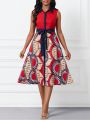 SHEIN Lady Women'S Printed Patchwork Belted Maxi Dress