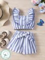 SHEIN Kids SUNSHNE Young Girl's Fringe Striped Outfit For Spring/Summer Beach Trip