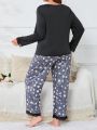 Plus Floral Print Lace Trim PJ Set