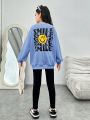 SHEIN Kids HYPEME Tween Girls' Casual Sportswear Set With Knitted Heart And Letter Printed Pullover Sweatshirt And Skinny Knitted Long Pants