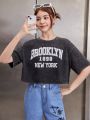 SHEIN Teenage Girls' Knitted Letter Printed Casual T-shirt