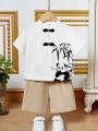 SHEIN Young Boys' Panda Print Short Sleeve Stand Collar Shirt And Shorts Set With Frog Buttons