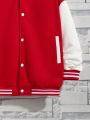 SHEIN Kids HYPEME Boys' Casual Baseball Jacket With Letter Print, Color Block Sleeves And Medium Thickness