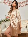 Lace Trim Belted Satin Sleep Robe