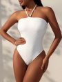 SHEIN Swim Y2GLAM Women's Halter Backless One-Piece Swimsuit With Knot Design