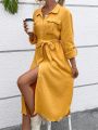 SHEIN VCAY Flap Pocket Roll Tab Sleeve Belted Shirt Dress