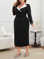 SHEIN Privé Plus Size Women's Color Block High Neck Bodycon Dress With Pockets