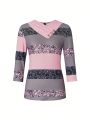 Women'S Color Block Printed Patchwork Button Details T-Shirt