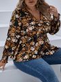 SHEIN VCAY Women'S Plus Size Floral Print V-Neck Blouse With Shirred Cuffs