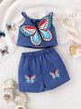 Baby Girl Butterfly Embroidery Casual Tank Top And Shorts Set