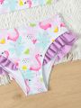 Young Girl Flamingo & Fruit Printed Swimsuit Set