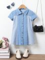 Young Girl's Vintage College Style Short Sleeve Denim Dress With Color Block Design, Casual And Comfortable