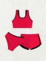 Little Girls' Color Block Backless Vest Style Swimsuit Set