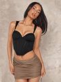 SHEIN BAE Christmas Party New Year'S Eve Outfit Glamorous Black Crop Top With Corset Cups And Fishbone Design For Women'S Sexy Date Night Or Wear Outside Look