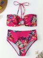 SHEIN Swim Vcay Floral Print Halter Neck Bikini Set