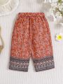 SHEIN Baby Girl Casual Floral Print Colorblocked Pants With Belt For Holiday