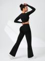 SHEIN Daily&Casual Ladies' Solid Color Cropped Top And High Waist Long Pants Sports Suit