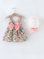 Baby Floral Print Bow Front Cami Dress With Hat
