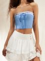 Forever 21 Women's Lace Splicing Contrast Color Strapless Top With Ribbon