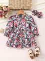 Baby Girls' Floral Ruffled Hem Dress With Hairband