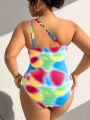 SHEIN Swim Vcay Plus Size Tie Dye Patchwork Leopard Print One-Piece Swimsuit